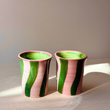 Ceramic Breakfast Cup - Green & Pink Stripes (250ml)