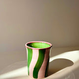 Ceramic Breakfast Cup - Green & Pink Stripes (250ml)